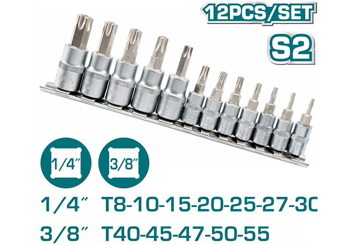 1/4" và 3/8" Bộ 12 đầu tuýp lục giác bông sao T8-T55 Total THT1438121