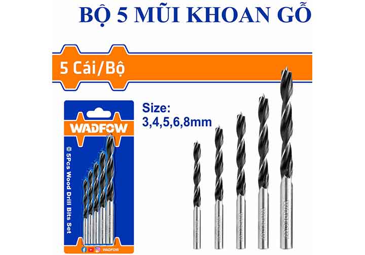 3-8mm Bộ mũi khoan gỗ xoắn ốc 5 chi tiết Wadfow WSJ3K01