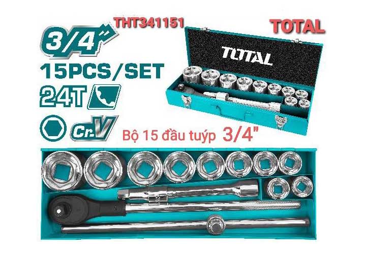 3/4" Bộ tuýp và cần mở 15 chi tiết Total THT341151