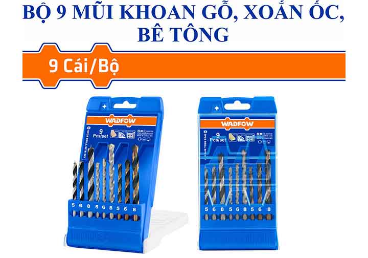 5-6-8mm Bộ mũi khoan gỗ, xoắn ốc và bê tông 9 chi tiết Wadfow WTD6B01